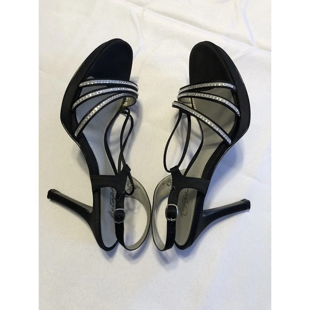 Metaphor‎ Womens Size 8.5 Strappy Black Dress Heels with Rhinestones Stiletto